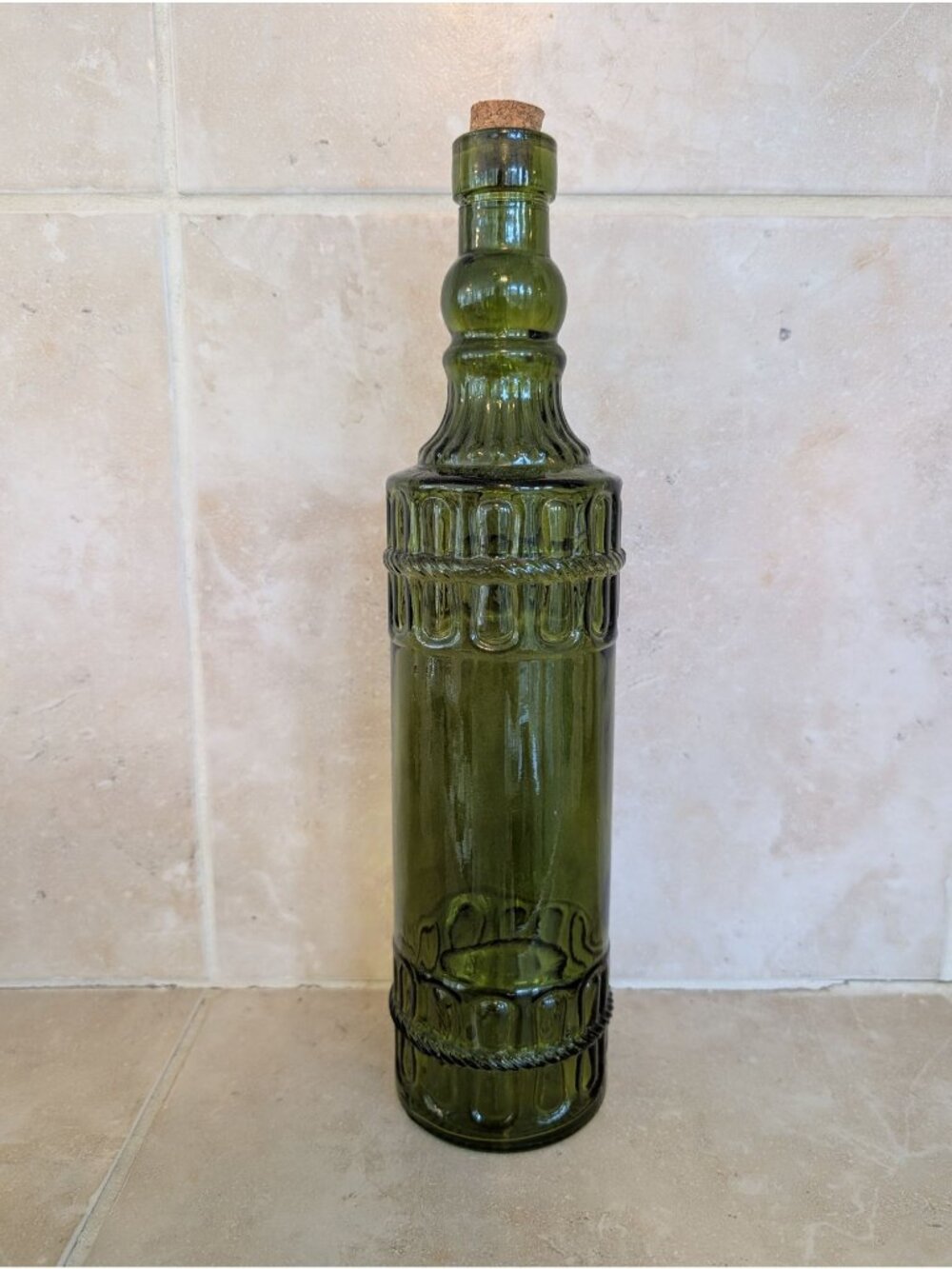 Vintage-style Emerald Green Glass Decorative Bottle Decanter 12" Tall with Cork